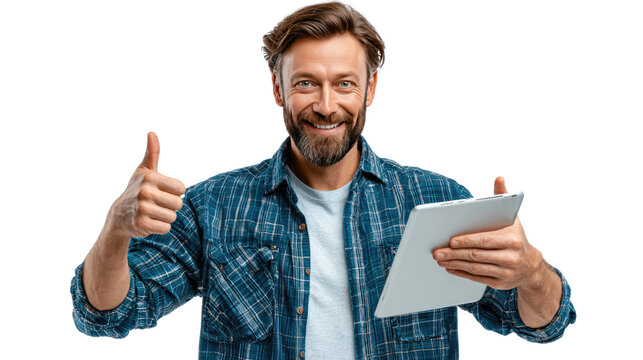 Digital Approval: A content, happy man, giving a thumbs up and holding a digital tablet. The scene shows a confident expression, a sign of approval, and successful engagement with technology.