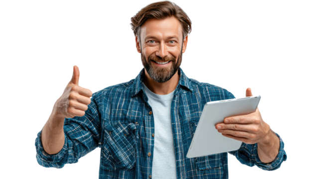 Digital Approval: A content, happy man, giving a thumbs up and holding a digital tablet. The scene shows a confident expression, a sign of approval, and successful engagement with technology.