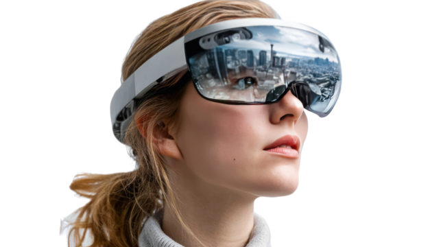 Visionary Goggles: Captivating image of a woman in the front with sleek, high-tech goggles, showcasing modern tech integration. Goggles' reflection unveils the outside world. 