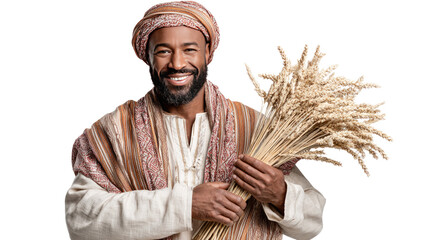 Harvesting with a Smile: A man of color, clad in traditional attire, radiates warmth as he holds a bundle of golden wheat, celebrating the bounty of the harvest season with a wide, genuine smile.