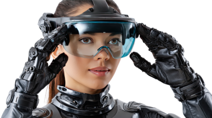 Vision of the Future: A woman with a futuristic helmet gazes ahead, symbolizing progress and technological innovation.