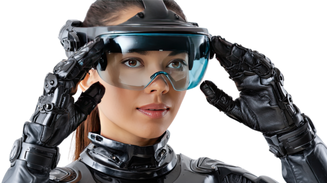 Vision of the Future: A woman with a futuristic helmet gazes ahead, symbolizing progress and technological innovation.
