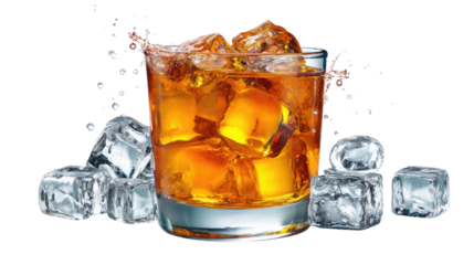Whiskey on Ice: A refreshing glass of amber-colored whiskey, filled with sparkling ice cubes, glistens invitingly.