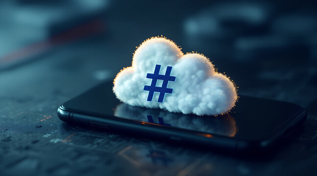 Creative fluffy cloud with hashtag symbol resting on a dark smartphone screen representing social media trends