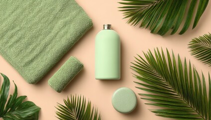 Pastel green spa items on peach
