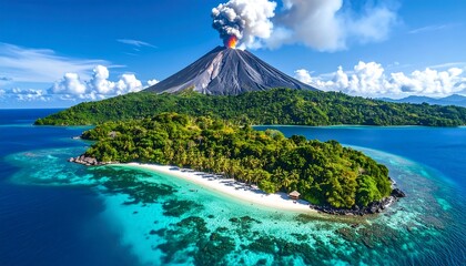 Tropical island paradise with active volcano