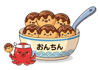 Cute cartoon octopus chef with a bowl of kawaii takoyaki. Adorable Japanese street food characters in a vector illustration.