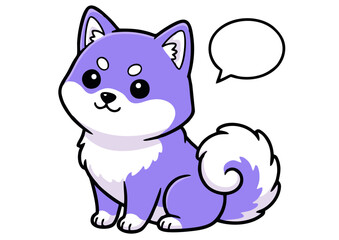 Obraz premium Adorable cartoon of a cute purple dog sitting with a blank speech bubble. A friendly Japanese puppy character mascot illustration for communication.