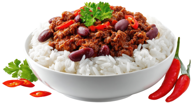 Chili and Rice Delight: A vibrant shot of a bowl featuring chili con carne, served over a bed of fluffy, cooked rice.