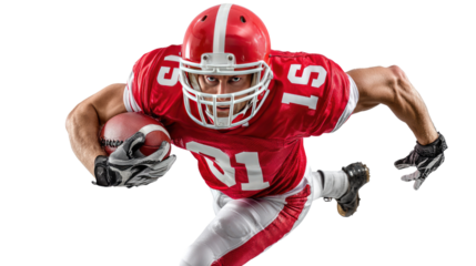 American Football Player in Action: A dynamic close-up of an american football player in full gear, sprinting towards the goal with focused intensity, showcasing the thrill and strategy of the game