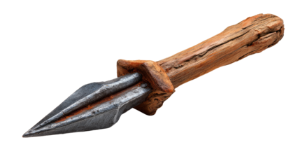 Ancient Spear: A weathered spear with a rustic wooden handle and a sturdy metal tip, showcasing historical craftsmanship and the tools of a bygone era.