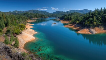Panoramic view of a serene lake nestled in a mountainous landscape