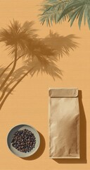 Coffee bag with palm tree shadows on a warm background