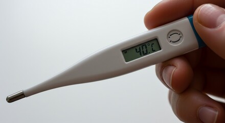 A hand holding a digital thermometer displaying a high temperature reading.