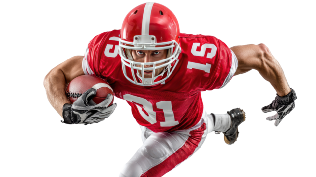 American Football Player in Action: A dynamic close-up of an american football player in full gear, sprinting towards the goal with focused intensity, showcasing the thrill and strategy of the game