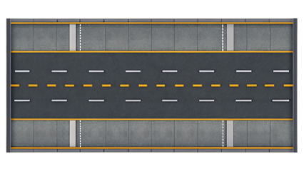Top- Down View of a Multi- Lane Asphalt Road with Yellow and White Lane Markings and Concrete Sidewalks isolated on a transparent background