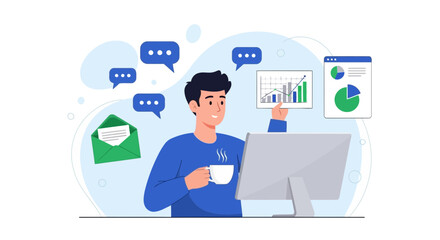Vector art of man working on computer with charts and graphs, drinking coffee, with communication bubbles and email icon, representing business analysis and communication