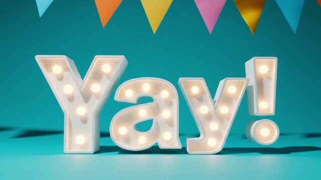 Illuminated yay letters with colorful party banner on a blue background for celebration event decor