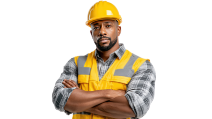 Confident Construction Worker: A resolute construction worker, wearing a yellow hardhat and reflective vest, stands with arms crossed, exuding confidence and professionalism.