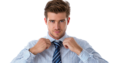 Refinement and Confidence: A portrait of a confident, well-dressed man, adjusting his tie with a look of assurance and poised determination.