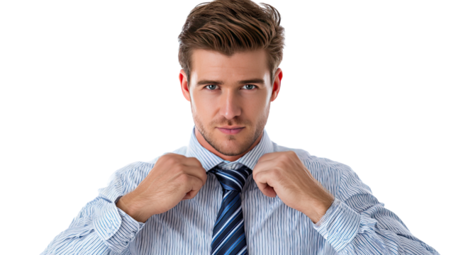 Refinement and Confidence: A portrait of a confident, well-dressed man, adjusting his tie with a look of assurance and poised determination.