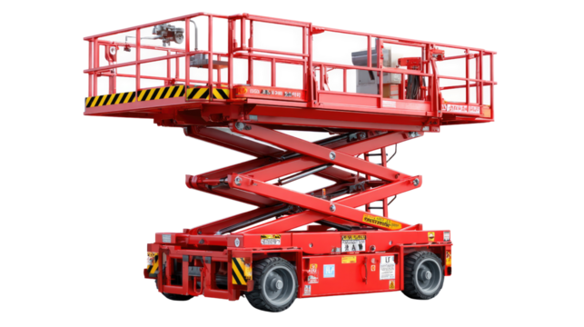 Elevated engineering: A close-up view of a robust red scissor lift against a stark backdrop, showcasing its intricate mechanism and industrial functionality.