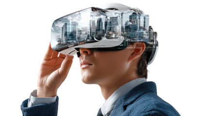 Virtual Visionary: An individual explores a cityscape within a virtual reality headset, showcasing the convergence of technology, innovation, and immersive experiences.