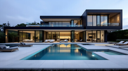 Obraz premium Modern luxury residence with infinity pool and outdoor living space at dusk