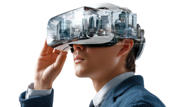 Virtual Visionary: An individual explores a cityscape within a virtual reality headset, showcasing the convergence of technology, innovation, and immersive experiences.