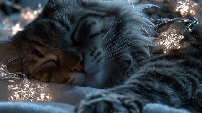 a cat sleeping under snowflake-shaped Christmas lights, subtle glow on fur, cinematic dreamy quality, hyperreal