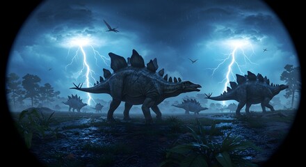 A herd of stegosaurus dinosaurs walking under a stormy sky with lightning strikes in the background