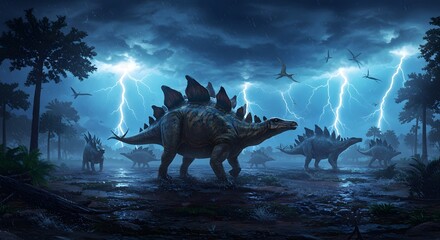 A group of stegosaurus dinosaurs walking through a forest during a thunderstorm with lightning strikes