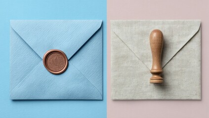 Sealed envelopes, wax seal, stamp, pastel background, stationery