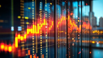 Dynamic financial data on sleek glass panel with glowing neon lines charts reflecting advanced analytics for finance technology business intelligence digital concept - Powered by Adobe
