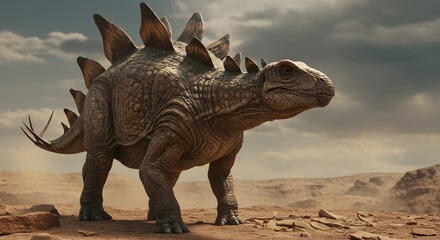 Fototapeta premium A detailed stegosaurus standing in a desert landscape under a cloudy sky in the daytime scenery outside