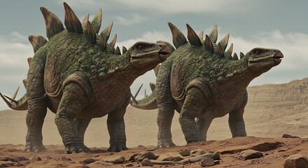 Obraz premium Two stegosaurus dinosaurs standing side by side in a desert landscape with a cloudy sky background
