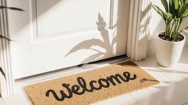 Entrance welcomes with a doormat beneath a sunlit door and potted plant nearby