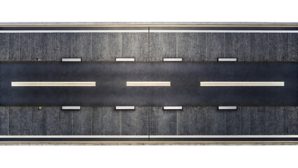 Top-down view of a dark asphalt road with white and yellow lane markings street highway isolated on a transparent background