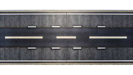 Top-down view of a dark asphalt road with white and yellow lane markings street highway isolated on a transparent background