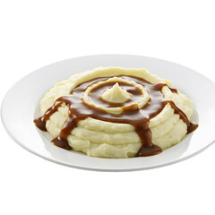 Creamy mashed potatoes with rich brown gravy on a white plate topdown view.