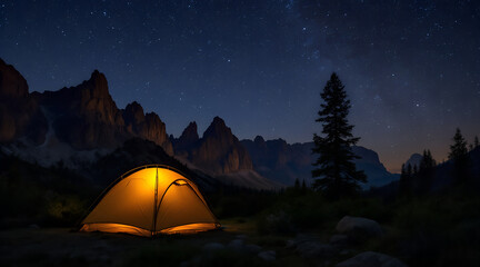 Glowing orange tent illuminated at night under a starry sky with silhouetted mountains and pine trees