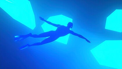 A person in futuristic scuba gear floats in a vibrant, blue, geometric space