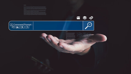 Generative AI and advanced search concept. A person presents a holographic interface with an AI command prompt, ready to search or generate content.