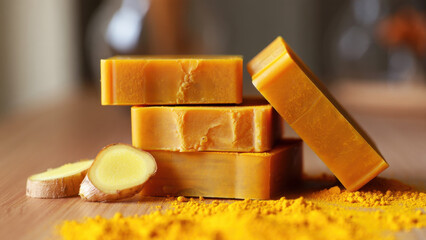 Fototapeta premium Turmeric soap bar, kojic acid soap, herbal skincare, natural ingredients, handmade cosmetics, brightening formula, organic cleansing, skincare routine, ginger root, spa treatment