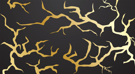 Gold kintsugi design isolated on a black background. Gold crackle texture. Luxurious broken marble stone gold pattern.