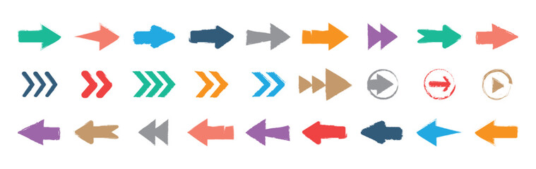 Set of Colorful grunge Arrow set. grunge arrow vectors and brushstrokes. Arrow icon. Doodle arrow. Collection of different signs.