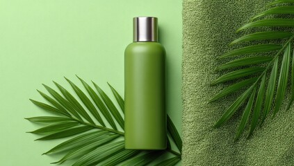 Green cosmetic bottle on a towel with tropical leaves