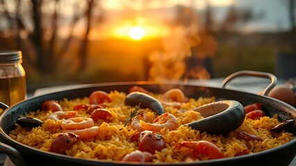 Traditional paella with saffron rice and seafood, steaming against a warm autumn sunset.