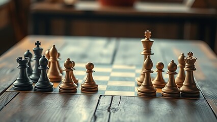 Chess pieces strategically placed on a weathered wooden table with warm vintage lighting.