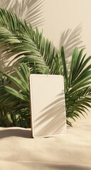 Digital tablet amidst tropical foliage